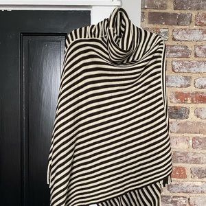 Brown & White Striped Fringed Poncho Sweater
